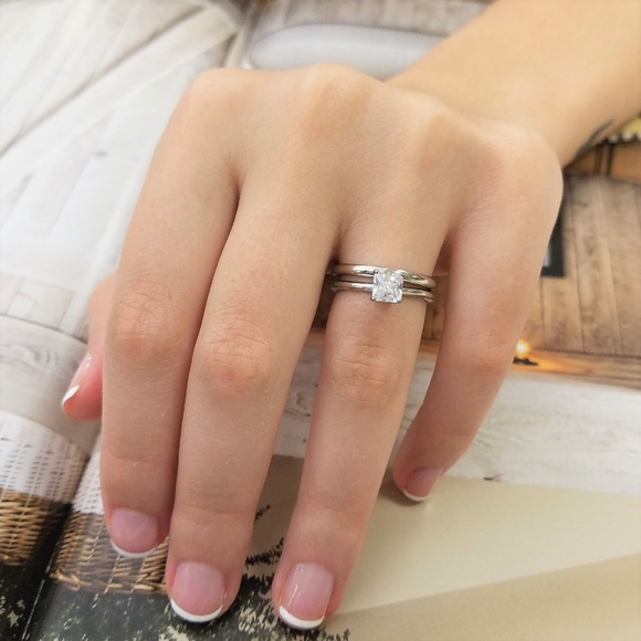 Women's Princess Cut Solitaire CZ Band Ring Set - Picture 8 of 8